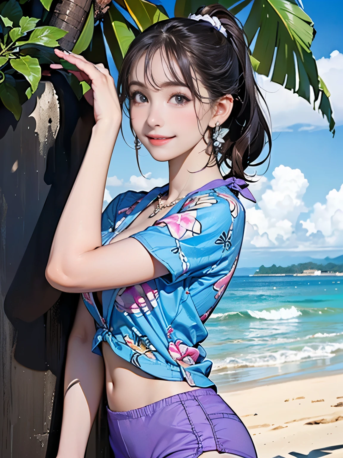 ((((Highest quality))))、(((Ultra-precision CG16K wallpaper)))、(((masterpiece)))、(((Super detailed)))、(((Extreme detail)))、((1Mature 29 year old woman:1.6))、((Very beautiful Japan face of a person))、((Urizane Face:1.8))、((Soft wavy ponytail medium hair:1.3))、(Shiny Hair)、A delicately drawn beautiful face、Dark Eyes、double eyelid、High nose、Small nostrils、Small Mouth、Seductive lips、Beautiful breasts、((C cup size breasts))、Cleavage、Small belly button、Beautiful feet、Thin thighs、eight-headed body、Perfect proportions、Perfect Anatomy、Perfect composition、Beautiful detailed shading、Beautiful, natural lighting、Beautiful detail glow、Depth of written boundary、(((High chroma)))、(((Real:1.9)))、((vivid:1.5))、((Beautiful Skin))、((Skin Texture))、((Realな皮膚感))、(((Cowboy Shot:1.6)))、(((front view、shoot from front、front low angle:1.6)))、(((smile:1.6)))、((looking at viewer:1.6))、Bright daylight、Natural light、(((Beach、Palm tree、cloud:1.5)))、(Gravure idol pose:1.6)、(((Light purple short sleeve aloha shirt&Low rise yoga short pants:1.6)))、((Scrunchie Ribbon、necklace、Wearing earrings:1.5))、((Lace Stockings Clothed))、