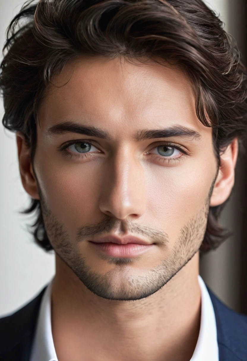 Man in suit looking at camera, face perfect, perfect handsome face, Handsome face, Inspired by Luca Zontini,good looking face, really good looking face!!, handsome attractive face, looking intensely at the camera, Rafael Personas, handsome detailed face