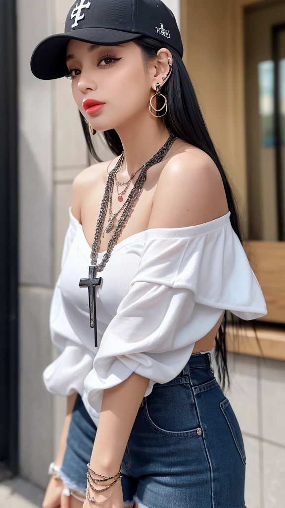 “A young woman with long black hair and gray eyes, wearing earrings. She has on an off-shoulder shirt and is styled like a rapper. She has tattoos on her arms and neck and wears a baseball cap backwards. She also has a cross necklace and is sticking out her tongue.”