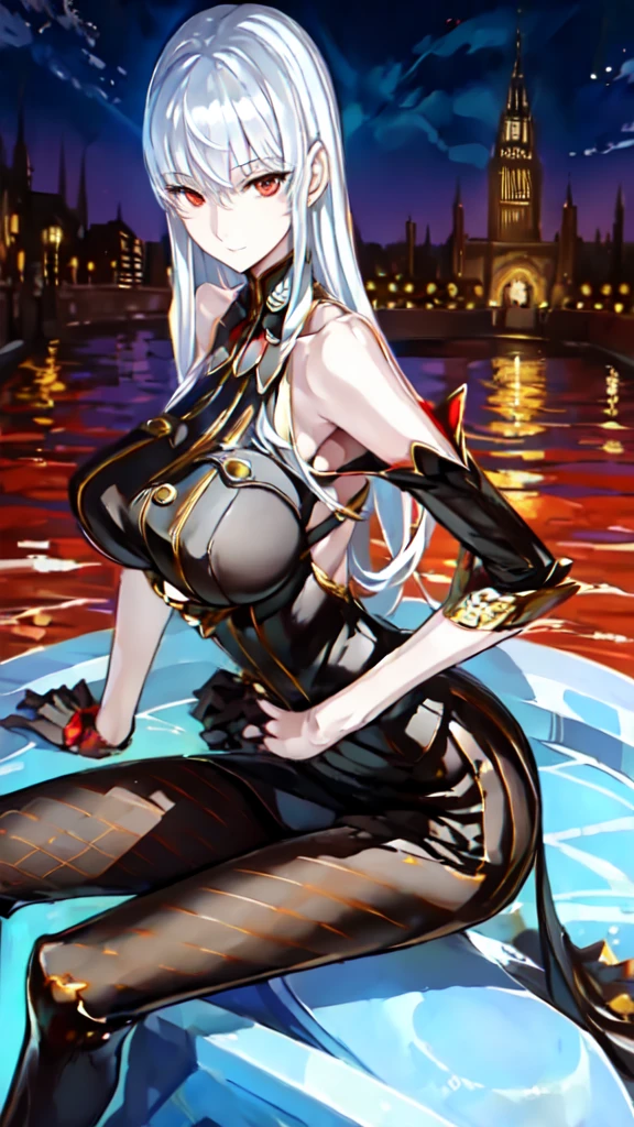 (((masterpiece))), best quality, 1girl, pantyhose, silver hair, red eyes, park in the night with fountains background, looking at viewer, smile, busty, highly detailed face,very high resolution,highly detailed eyes, sitting with crossed legs