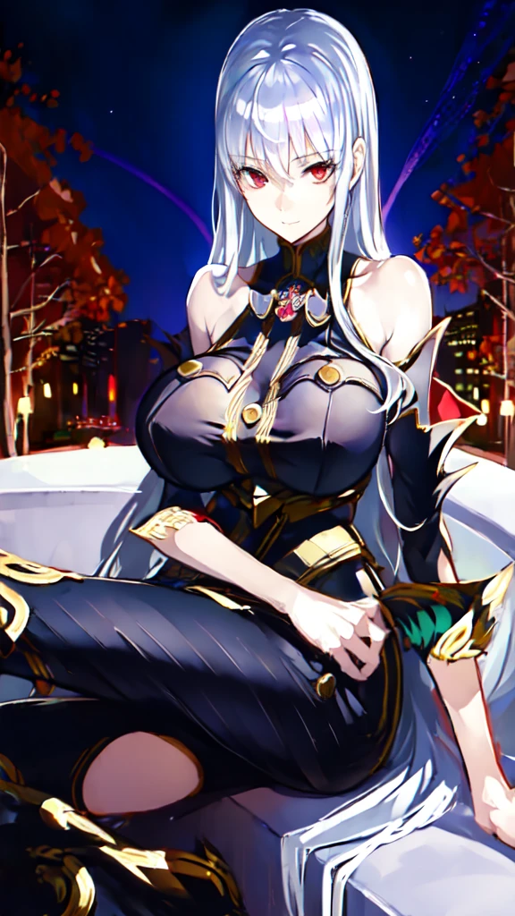 (((masterpiece))), best quality, 1girl, pantyhose, silver hair, red eyes, park in the night with fountains background, looking at viewer, smile, busty, highly detailed face,very high resolution,highly detailed eyes, sitting with crossed legs