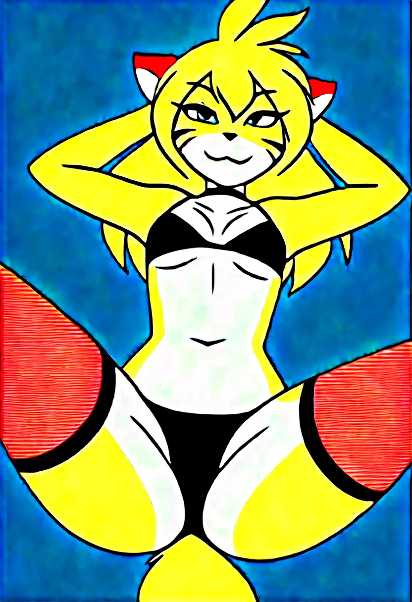 score_9, score_8_up, score_7_up, score_6_up, score_5_up, score_4_upsource_furry, a female anthro fluffy, 1girl, solo, female, furry, anthro, fluffy tail, small breasts, tiger, striped fur, yellow eyes, anthro, flora-twokinds, lying on back, on bed, spreading legs, lace black underwear, lace black bra, (fishnet stockings:1.2), whisperfoot style
