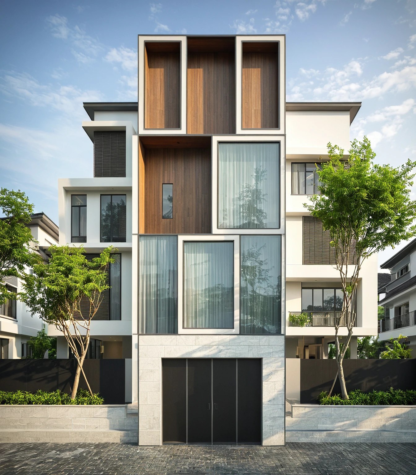 modern villa on street, (overcast lighting:1.2), tropical tree, vivid color, streetcapes, nice sky, grey and wwhite tone, (large glass door:1.2), warm interior lighting, modern material, best quality, ultra realistic, masterpiece, 17ArchiAI_XL_VL-v1
