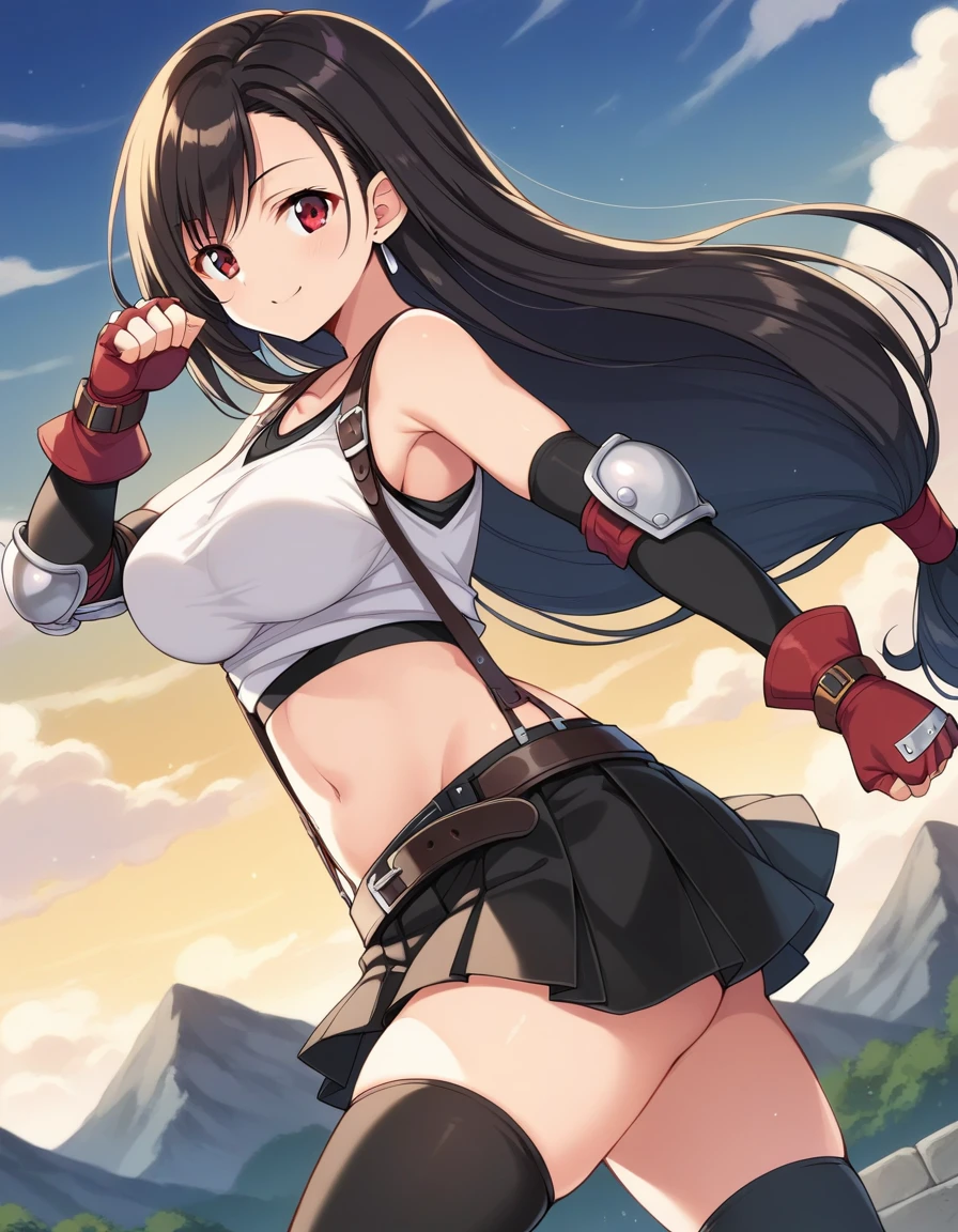 ,1990s_(style),,core_9, score_8_up, score_7_up,score_6, score_5,4k,rating_safe BREAK , (from side),(breast focus),standing,,fighting pose,,(medium shot),looking_at_viewer ,1girl, tifa lockhart, final fantasy, tareme,black hair, low-tied long hair, red eyes, bangs, (white tank top, belt, pleated skirt, thighhighs, elbow fingerless gloves, elbow pads, midriff, navel,suspender skirt) ,large_breasts,(light smile),,,Solo,,(daytime and outdoor and mountain),detailed skin,(best quality),(aesthetic,very aesthetic),studio anime,anime,highly detailed,super fine illustration,anime screencap ,sharp focus,depth of field,,professional lighting,cinematic lighting