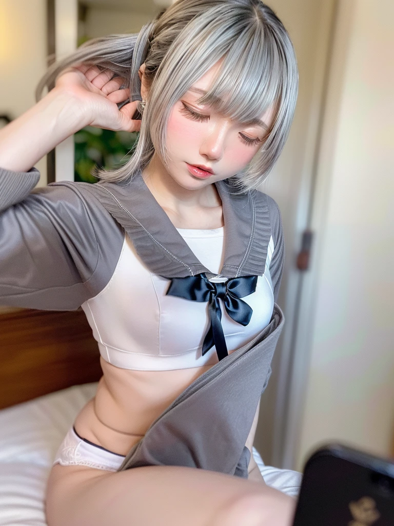 8K, RAW Photos, Fujifilm, Beautiful 20 year old woman style photo, (((Gray Hair:1.3,美しいGray Hairのストレートヘアー、シルキーなGray Hair)))、((( Wear a sailor uniform:1.5,))) Gold earrings, (Highly detailed skin: 1.2), Light medium brown hair, Film Grain, 35mm, Cute Style、On the bed、、Open your mouth、Bedroom、(White underwear)、(((Sleeping 1.5)))、Selfie with smartphone、(((throw)))、