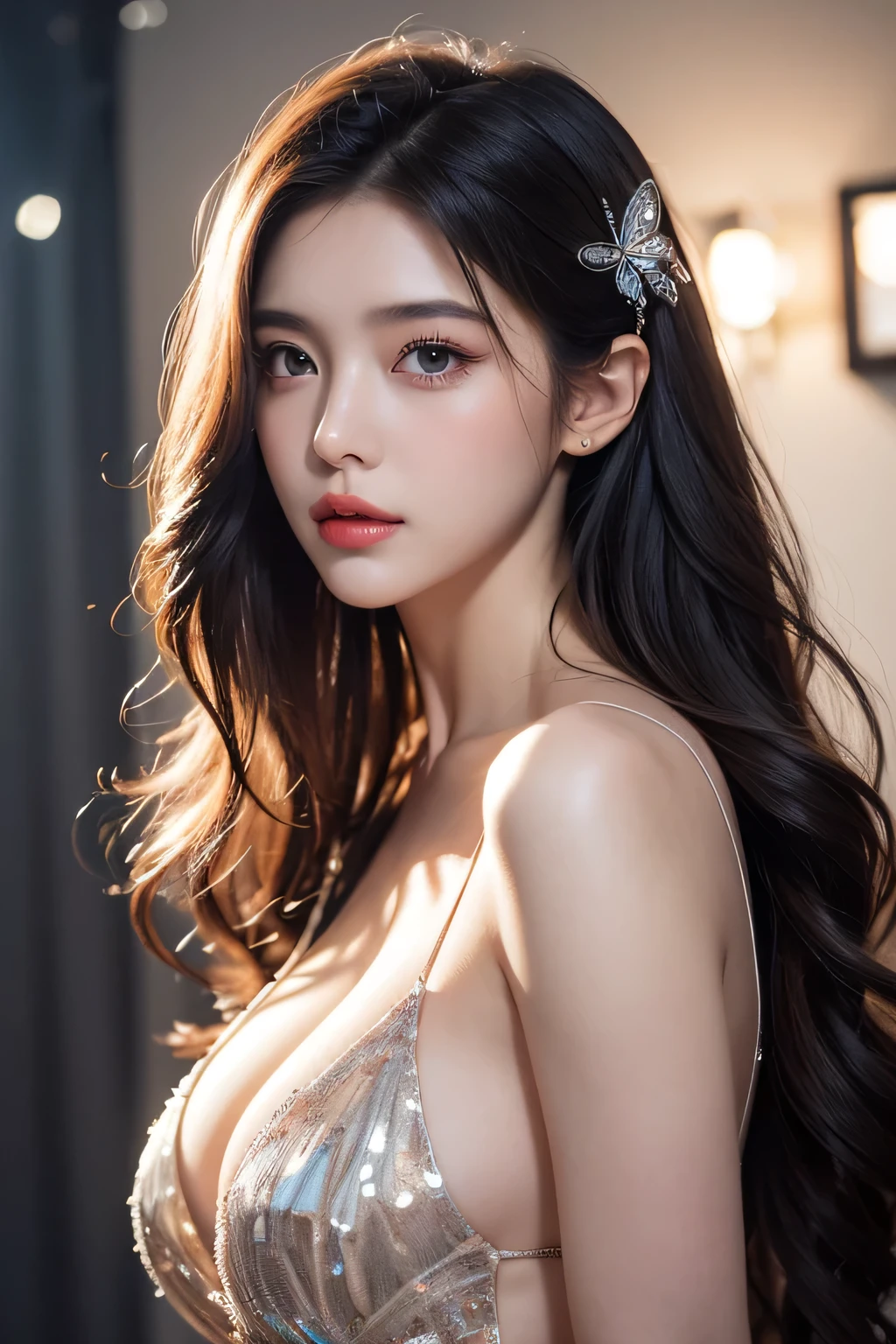 High-quality work，Realistic works，Super premium graphics，8K HD CG works，high quality graphics，High-definition and exquisite CG works，10x pixels，Ultra-fine details：1.1，Advanced technical details：1.1Realistic photo effects，Interior lighting effects：1.5，natural soft light：1.5. Light effect（Virtual light effects：1.8），ultra high resolution，shining dress，sliver long hair，silber hair，transparenthair，high detailed hair（Quality hair details：1.1）Clear eyes，Double eyelids look good，Sharp eye makeup, Create exquisite eyelash makeup, tthin eyebrows, Ultra-detailed eyes，a tall nose, lovely red lips, rosey cheeks, With delicate makeup on her face , pretty face, The face shape is perfectly proportioned,（Advanced facial details：1.1） masterpiece photography nsfw that captures the essence of a dream experienced by an awesome caucasian young woman, perfect beautiful detailed face, realistic skin pores, sharp clear eyes, (nipple slip), sheer revealing dress, enveloped in tendrils of smoke that morph into surreal butterflies around her, In the dream, she finds herself in a fantastical landscape filled with vibrant colors and surreal elements, The atmosphere is dreamy and ethereal, with soft glowing lights illuminating the scene, The young woman is depicted as confident and radiant, surrounded by symbols of her aspirations and inner strength, The overall mood of the image should evoke a sense of wonder, empowerment, and limitless possibilities, complex lighting, rimlight, (wind:1.3), ，Women's artwork，Dress full body video，Realism，Amazing Cleavage，My eyes are very bright today
