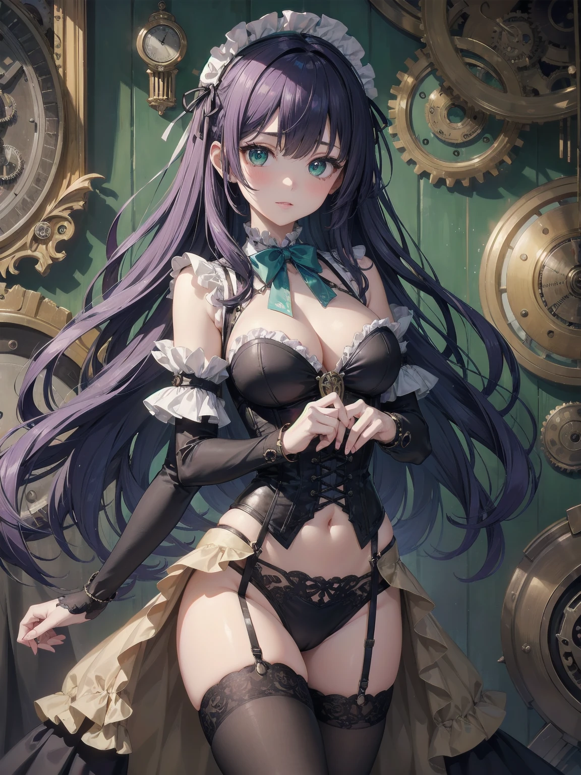 A whimsical Victorian-steampunk fusion portrait featuring Blake Akane Kurokawa as a kawaii protagonist. Set against a muted backdrop, she poses in front of an antique clockwork mechanism, surrounded by intricately crafted gears and cogs. Her dark blue-purple chibi hair falls in soft waves around her face, framing her bright green eyes. A delicate corset adorns her frame, accentuating her waist, while a voluminous skirt flows behind her like a misty veil. Lace, ruffles, and ribbons adorn the hem, adding a touch of femininity to this steampunk-inspired masterpiece.