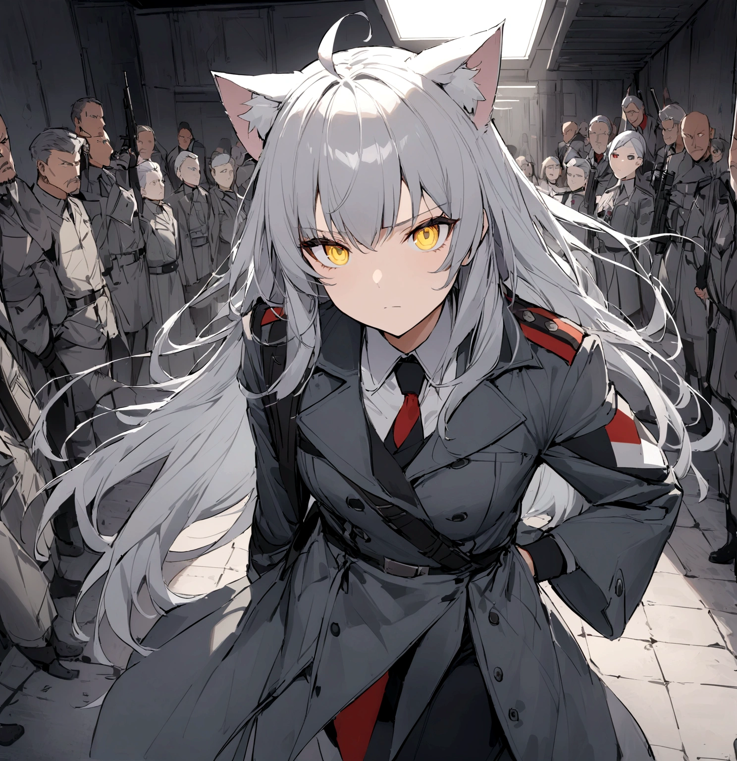 A rally with military flags in the background、Serious face、A large number of subordinates can be seen in the distance、Surrounded by operatives、Give a command、Secret Police Meeting Room、Gray cat ears、Gray cat earasterpiece, best quality:1.2), 1girl, 独奏、Grey long hair、Ahoge、Yellow Eyes、Background of a military base with guns、Fisheye Lens、battlefield、Shadows of light and darkness、Expressionless、battle、Gray trench coat、Put a big collared shirt over your arm