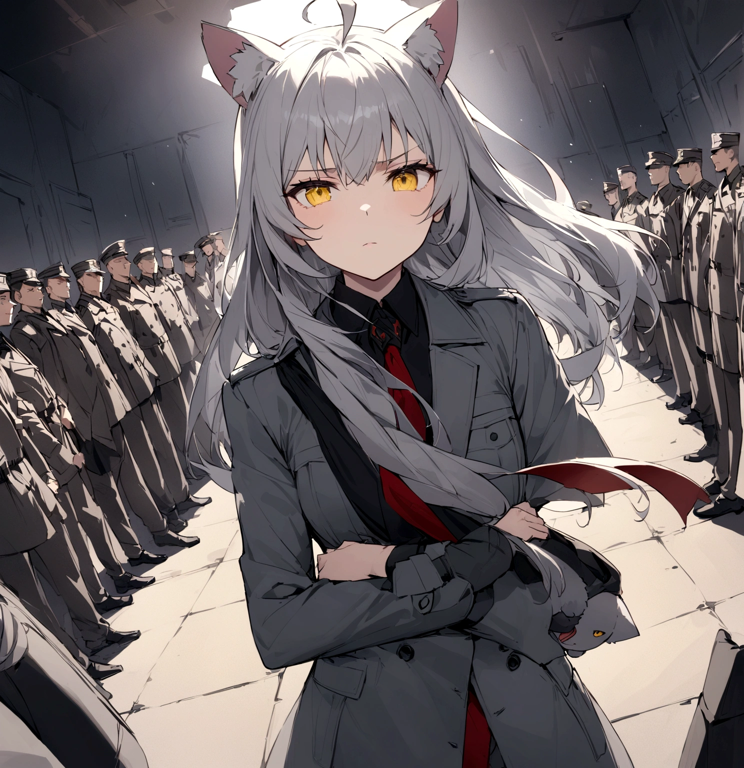 A rally with military flags in the background、Serious face、A large number of subordinates can be seen in the distance、Surrounded by operatives、Give a command、Secret Police Meeting Room、Gray cat ears、Gray cat earasterpiece, best quality:1.2), 1girl, 独奏、Grey long hair、Ahoge、Yellow Eyes、Background of a military base with guns、Fisheye Lens、battlefield、Shadows of light and darkness、Expressionless、battle、Gray trench coat、Put a big collared shirt over your arm