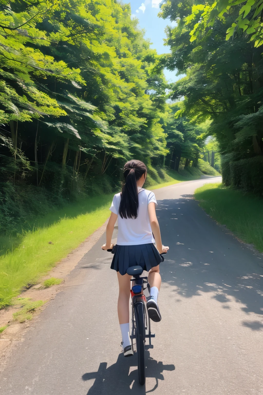Teenage Japan woman. Run on a bike. Summer landscape. Sun.