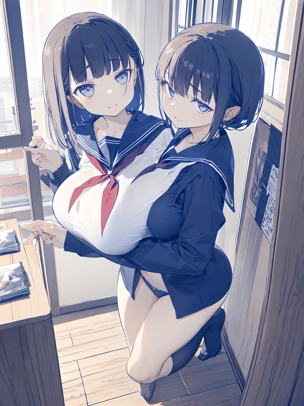 (top-quality、in 8K、32K、masterpiece、nffsw、超A high resolution、Impresionismo、huge breasts, Photorealsitic:1.2)、Angle from above、High angle、Colossal 、cowboy shot, detailed faces and eyes、 Inside the classroom、Schools、Evening glow、beauitful face、blurry backround、-yeld beiful girl、shinny skin、long、Beautiful black hair、Blunt bangs、Invincible smile、Gray eyes、a sailor suit、Pleated miniskirt、wearing black knee-high、Curve、Stand on one knee、Opening legs、(seduction)、((scornful look))、(seduction)、((scornful look))、 (seduction)、((scornful look))、((growing thighs))、((growing ))、((growing thighs))、((growing ))、((growing thighs))、((growing ))、((growing thighs))、((growing ))、((growing thighs))、((growing ))、((growing thighs))、((growing ))、((growing thighs))、((growing ))、((growing thighs))、((growing ))、((showing panties))