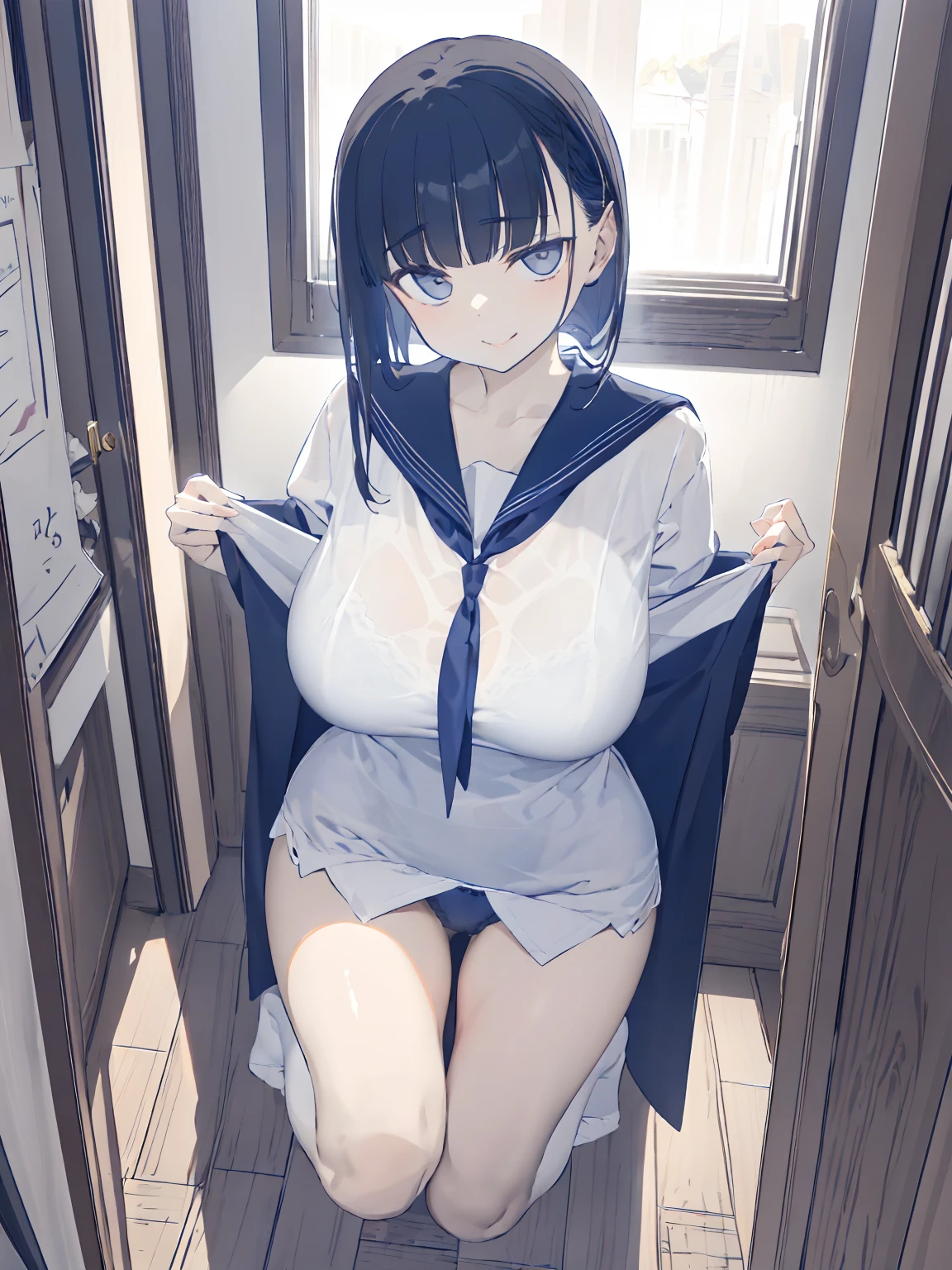 (top-quality、in 8K、32K、masterpiece、nffsw、超A high resolution、Impresionismo、huge breasts, Photorealsitic:1.2)、Angle from above、High angle、Colossal 、cowboy shot, detailed faces and eyes、 Inside the classroom、Schools、Evening glow、beauitful face、blurry backround、-yeld beiful girl、shinny skin、long、Beautiful black hair、Blunt bangs、Invincible smile、Gray eyes、a sailor suit、Pleated miniskirt、wearing black knee-high、Curve、Stand on one knee、Opening legs、(seduction)、((scornful look))、(seduction)、((scornful look))、 (seduction)、((scornful look))、((growing thighs))、((growing ))、((growing thighs))、((growing ))、((growing thighs))、((growing ))、((growing thighs))、((growing ))、((growing thighs))、((growing ))、((growing thighs))、((growing ))、((growing thighs))、((growing ))、((growing thighs))、((growing ))、((showing panties))