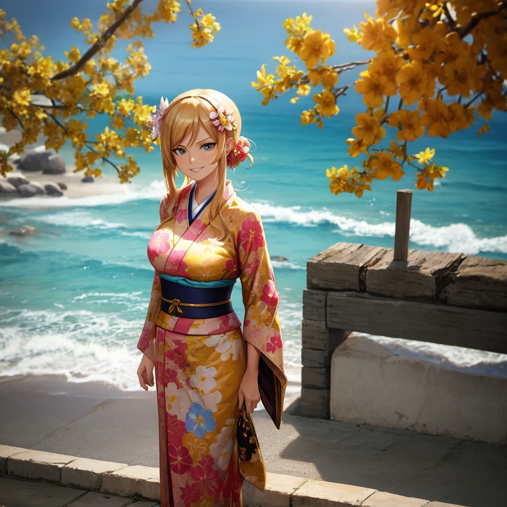 Your influencer character(milf with blond hair) Dressed in a kimono with flower in her hair. smiling standing infront of a big Ocean . Detailed realistic dynamic perspective.