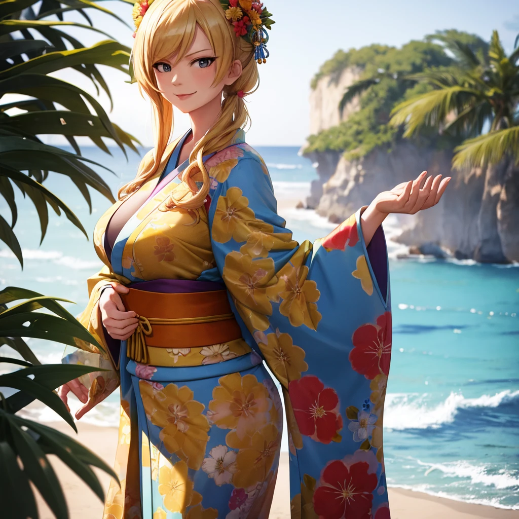 Your influencer character(milf with blond hair) Dressed in a kimono with flower in her hair. smiling standing infront of a big Ocean . Detailed realistic dynamic perspective.