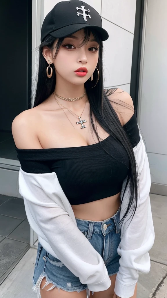 “A young woman with long black hair and gray eyes, wearing earrings. She has on an off-shoulder shirt and is styled like a rapper. She has tattoos on her arms and neck and wears a baseball cap backwards. She also has a cross necklace and is sticking out her tongue.”