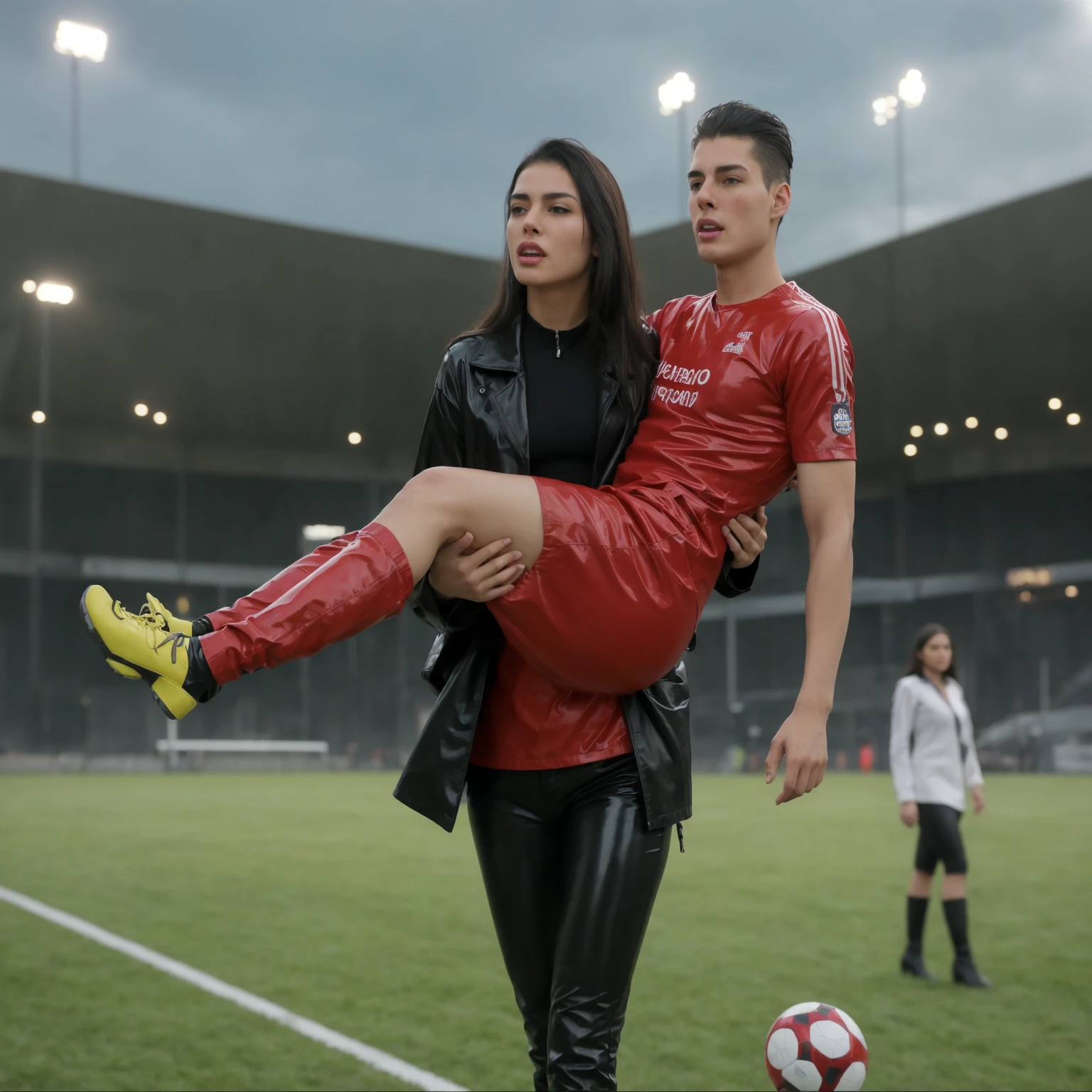 rainy weather, rainfall, humid, girl carries guy, lift and carry, an excessively madeup latino-girl in a high-shine wet black latex downcoat, a young madeup latino-girl in a shiny black vinyl downjacket, a madeup latino-girl in a shiny plastic-downcoat, a very sad and desperately crying latino-girl, an intensely madeup latino-girl in a glossy black vinyl-downcoat, latino-girl with lipstick, latino-girl with smoky eyes, dramatic action pose, woman that is carrying a skinny shorthaired man, there is a beautiful woman in a shiny coat who is carrying a shorthaired blond man in her arms, a longhaired beautiful woman in a high-shine black puffy coat, a longhaired woman in a shiny downcoat, a woman is carrying a shorthaired man who is wearing black shorts, a weak shorthaired man in black shorts is consciousless and needs to be carried, a shorthaired man with closed eyes is carried in the arms of a longhaired latino-woman, a latino-woman looks very scared and terrified, a consciousless shorthaired man with closed eyes is suffering very much and has a very painful face, photo, photo shoot, photographed, arafed man being carried by a woman on a plane, very realistic, very very realistic, hyper-realistic, hyper - realistic, hyper realistic, jacket over bare torso, very disturbing, very hyperrealistic, tom cruise torso, super realistic, hyperrealistic!, extremely realistic, very very very realistic, super-realistic