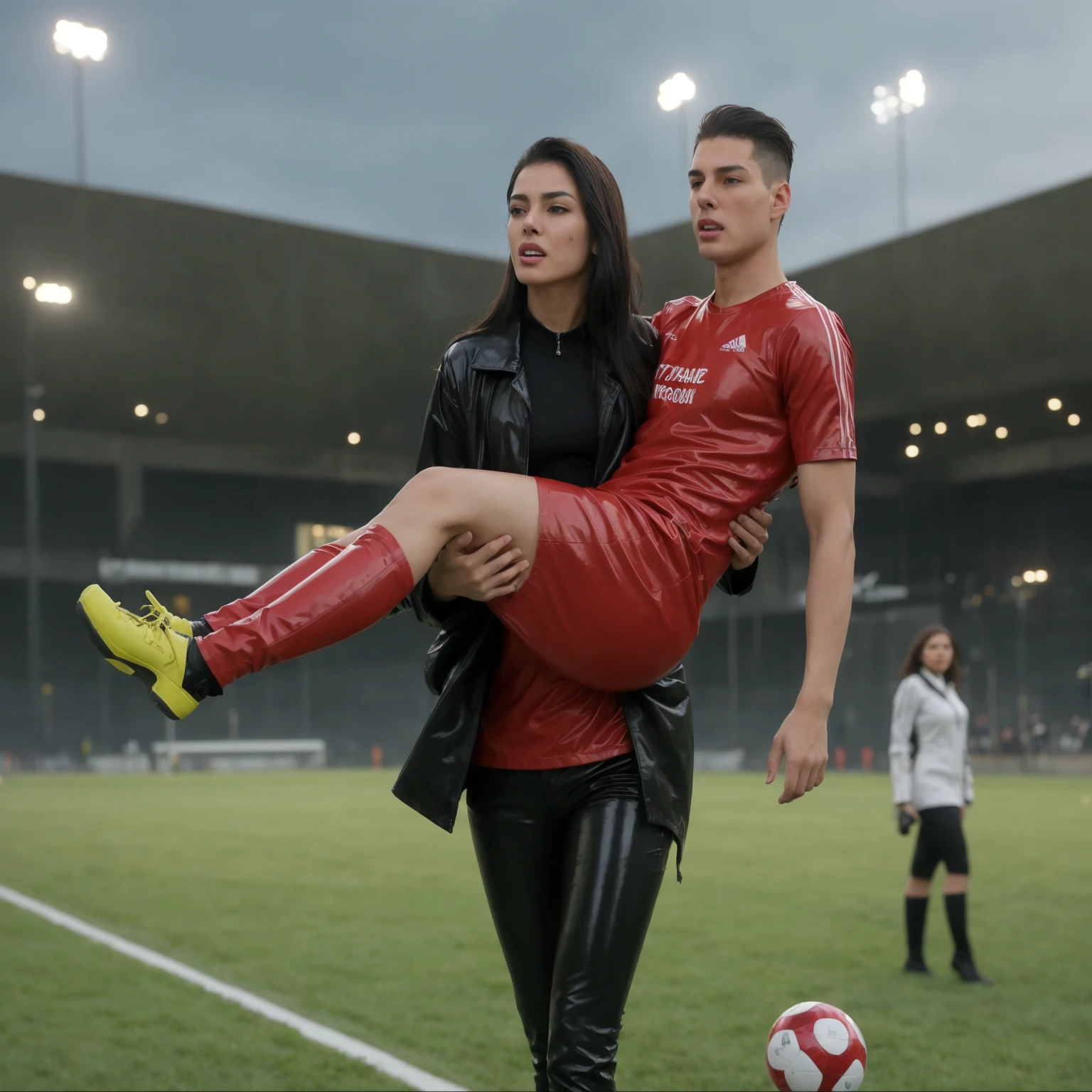 rainy weather, rainfall, humid, girl carries guy, lift and carry, an excessively madeup latino-girl in a high-shine wet black latex downcoat, a young madeup latino-girl in a shiny black vinyl downjacket, a madeup latino-girl in a shiny plastic-downcoat, a very sad and desperately crying latino-girl, an intensely madeup latino-girl in a glossy black vinyl-downcoat, latino-girl with lipstick, latino-girl with smoky eyes, dramatic action pose, woman that is carrying a skinny shorthaired man, there is a beautiful woman in a shiny coat who is carrying a shorthaired blond man in her arms, a longhaired beautiful woman in a high-shine black puffy coat, a longhaired woman in a shiny downcoat, a woman is carrying a shorthaired man who is wearing black shorts, a weak shorthaired man in black shorts is consciousless and needs to be carried, a shorthaired man with closed eyes is carried in the arms of a longhaired latino-woman, a latino-woman looks very scared and terrified, a consciousless shorthaired man with closed eyes is suffering very much and has a very painful face, photo, photo shoot, photographed, arafed man being carried by a woman on a plane, very realistic, very very realistic, hyper-realistic, hyper - realistic, hyper realistic, jacket over bare torso, very disturbing, very hyperrealistic, tom cruise torso, super realistic, hyperrealistic!, extremely realistic, very very very realistic, super-realistic