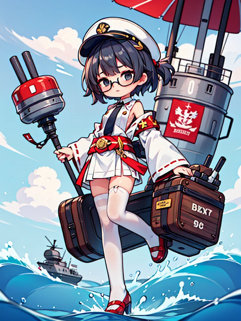 ((((Full body of a woman with perfect flat chest、solo、Short unkempt black hair、Tie your messy hair at the nape of your neck、white military jacket、Miko costume、tights、Black glasses、White military cap、Cloudy black eyes、Confused eyes、Falcon Hair Accessories、Eagle hair accessory)))), (((masterpiece))), (((Shipgirl))), ((Floating on the morning sea with both feet)), (Spread your legs wide open), (Hold the turret with your right hand), (Mechanical arms extending from the waist are used to equip the ship with battleship equipment.), (Equipped with a turret on the back), (Holds the turret with his left arm), Shotgun shells are attached to the thigh with a belt, Spreading the Machine&#39;s Wings, Machine tail,  Holding a shotgun, Nipple masturbation,  Tentacle Sex, Dildo masturbation