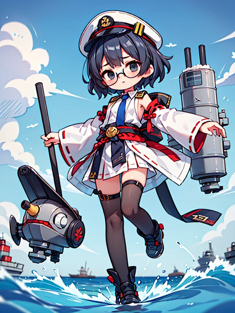 ((((Full body of a woman with perfect flat chest、solo、Short unkempt black hair、Tie your messy hair at the nape of your neck、white military jacket、Miko costume、tights、Black glasses、White military cap、Cloudy black eyes、Confused eyes、Falcon Hair Accessories、Eagle hair accessory)))), (((masterpiece))), (((Shipgirl))), ((Floating on the morning sea with both feet)), (Spread your legs wide open), (Hold the turret with your right hand), (Mechanical arms extending from the waist are used to equip the ship with battleship equipment.), (Equipped with a turret on the back), (Holds the turret with his left arm), Shotgun shells are attached to the thigh with a belt, Spreading the Machine's Wings, Machine tail, Holding a shotgun, Nipple masturbation, Tentacle Sex, Dildo masturbation
