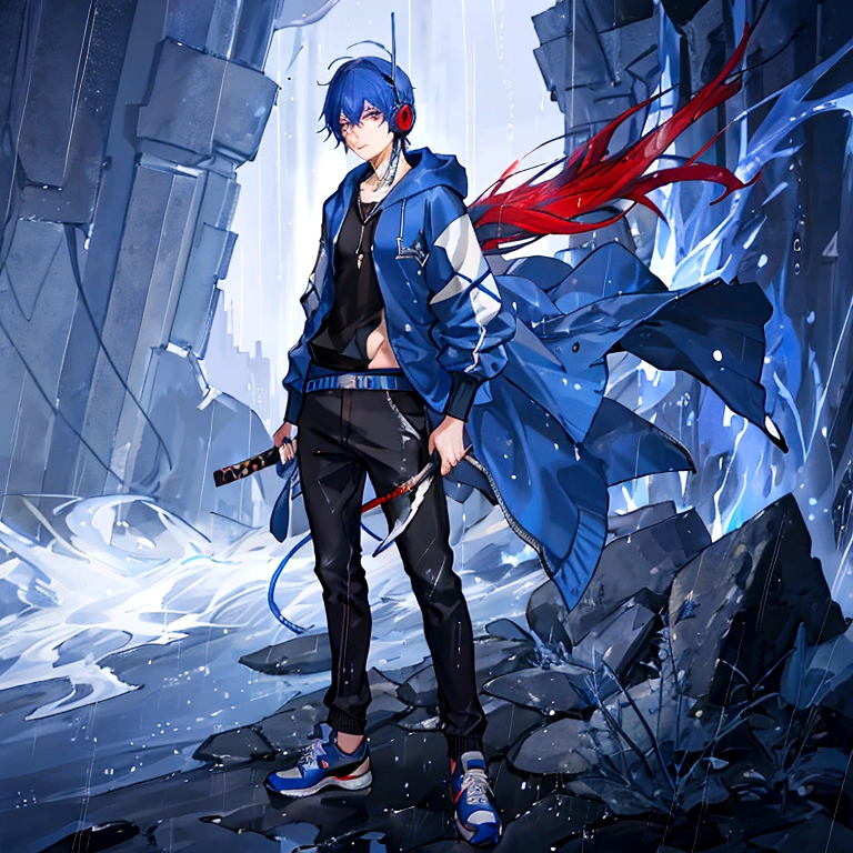 18 year old male anime wearing a blue hoodie with the word "RAFIF" on the chest, Hoodie has a shining effect, Wearing Sneakers, Blue and Red Hair, Headphones around the neck, holding a shining fire katana, rainy night atmosphere.