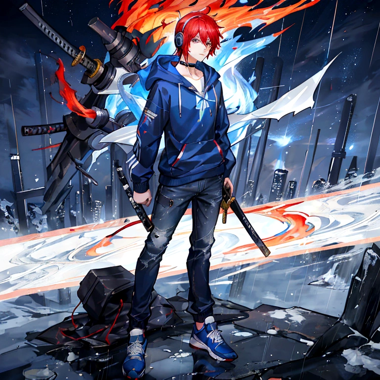18 year old male anime wearing a blue hoodie with the word "RAFIF" on the chest, Hoodie has a shining effect, Wearing Sneakers, Blue and Red Hair, Headphones around the neck, holding a shining fire katana, rainy night atmosphere.