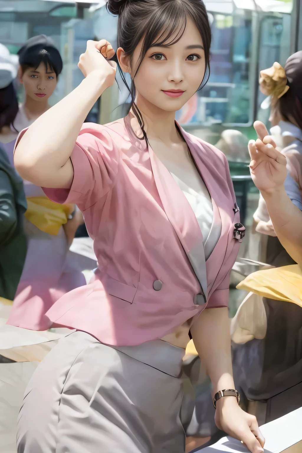 (masterpiece:1.2, Highest quality:1.2), 32k HDR, High resolution, (alone、1 girl)、（On the rooftop of a building in the daytime、Professional Lighting）、Building rooftop background、（Nankai train crew uniform pinkを着たリアルスタイル）、（Nankai train crew uniform pink short sleeve collarless pink jacket、Nankai Train Crew Uniform Pink Collarless Short Sleeve Blouse、Nankai Train Crew Uniform Pink Grey Knee-length Culottes）、（（The bottom of the pink short-sleeved jacket cannot be tucked into the clay-colored culottes.））、Dark brown hair、（Hair tied up、Hair Bun、Hair Bun）、Dark brown hair、Long Shot、Big Breasts、Thin legs、（（Great hands：2.0）），（（Harmonious body proportions：1.5）），（（Normal limbs：2.0）），（（Normal finger：2.0）），（（Delicate eyes：2.0）），（（Normal eyes：2.0））)、（Nankai Train Crew Uniform Pink Grey Knee-length Culottesを見せた美しい立ち姿）、smile
