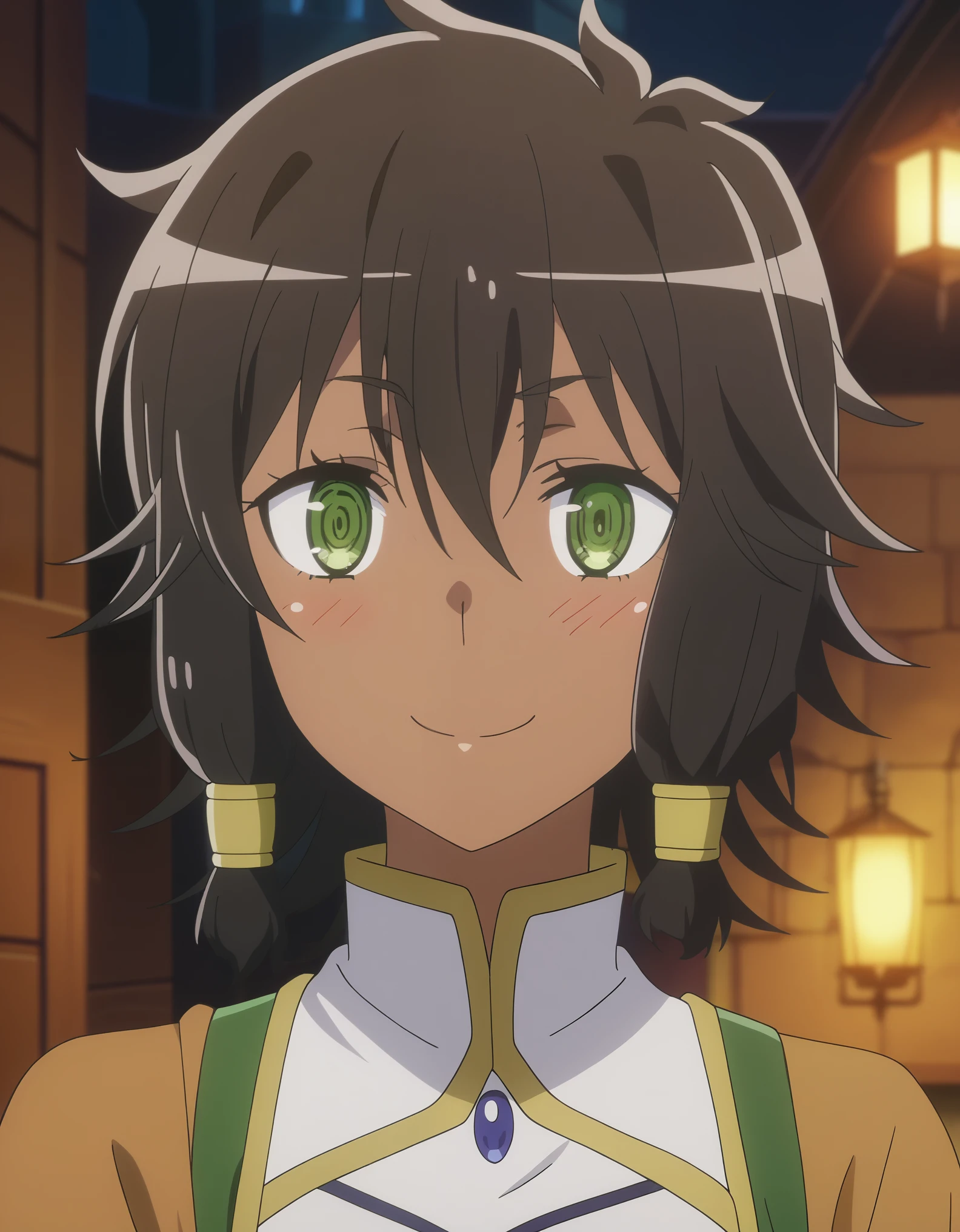 score_9, score_8_up, score_7_up, source anime,prefect lighting, very aesthetic, anime screencap, anime coloring, dungeon ni deai wo motomeru no wa machigatteiru darou ka,tiona, dark-skinned female, green eyes, close-up of face, looking at viewer, smile, blush,