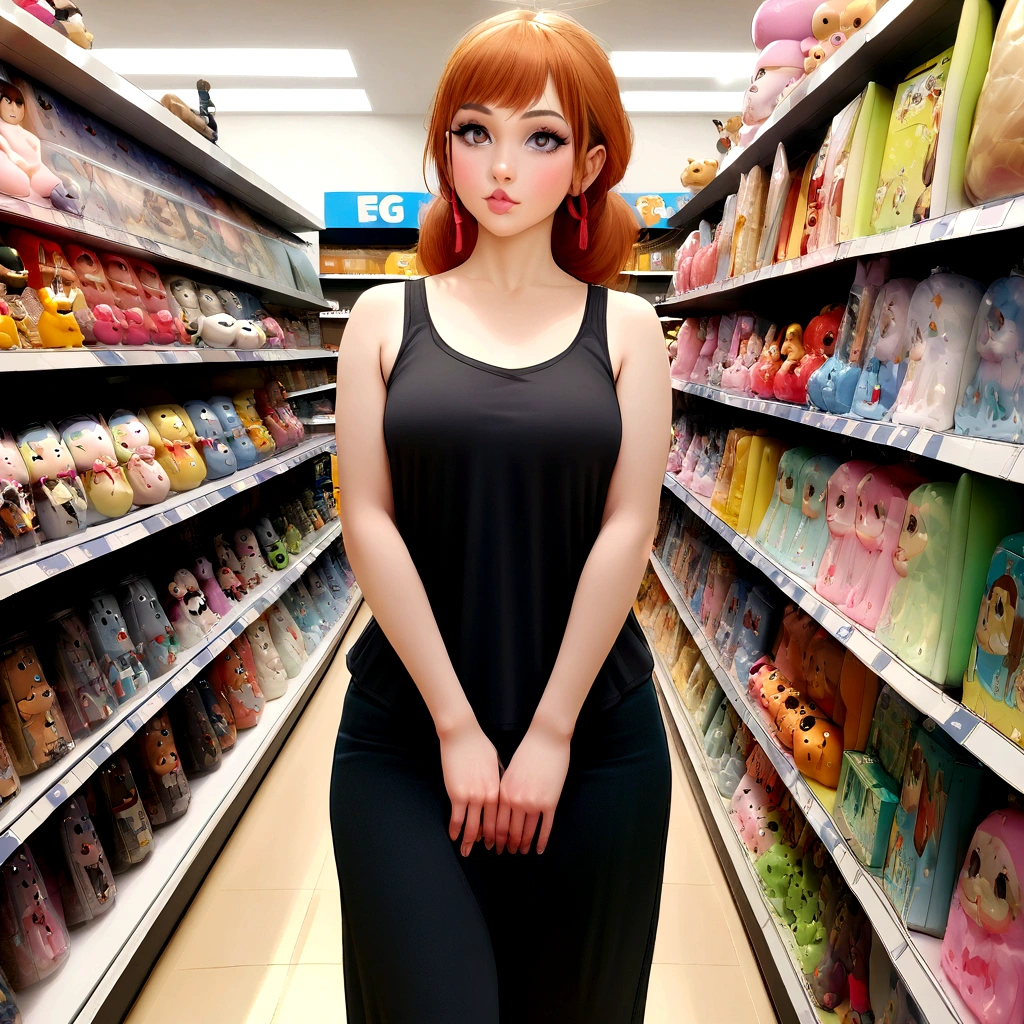 20 year old Italian girl, Ginger hair tie, gray eyes, and perfect face, Rendered in lifelike form with sharp edges and a lively atmosphere., Standing in a toy store with a tank top on., front view, Posing cutely, big lips,