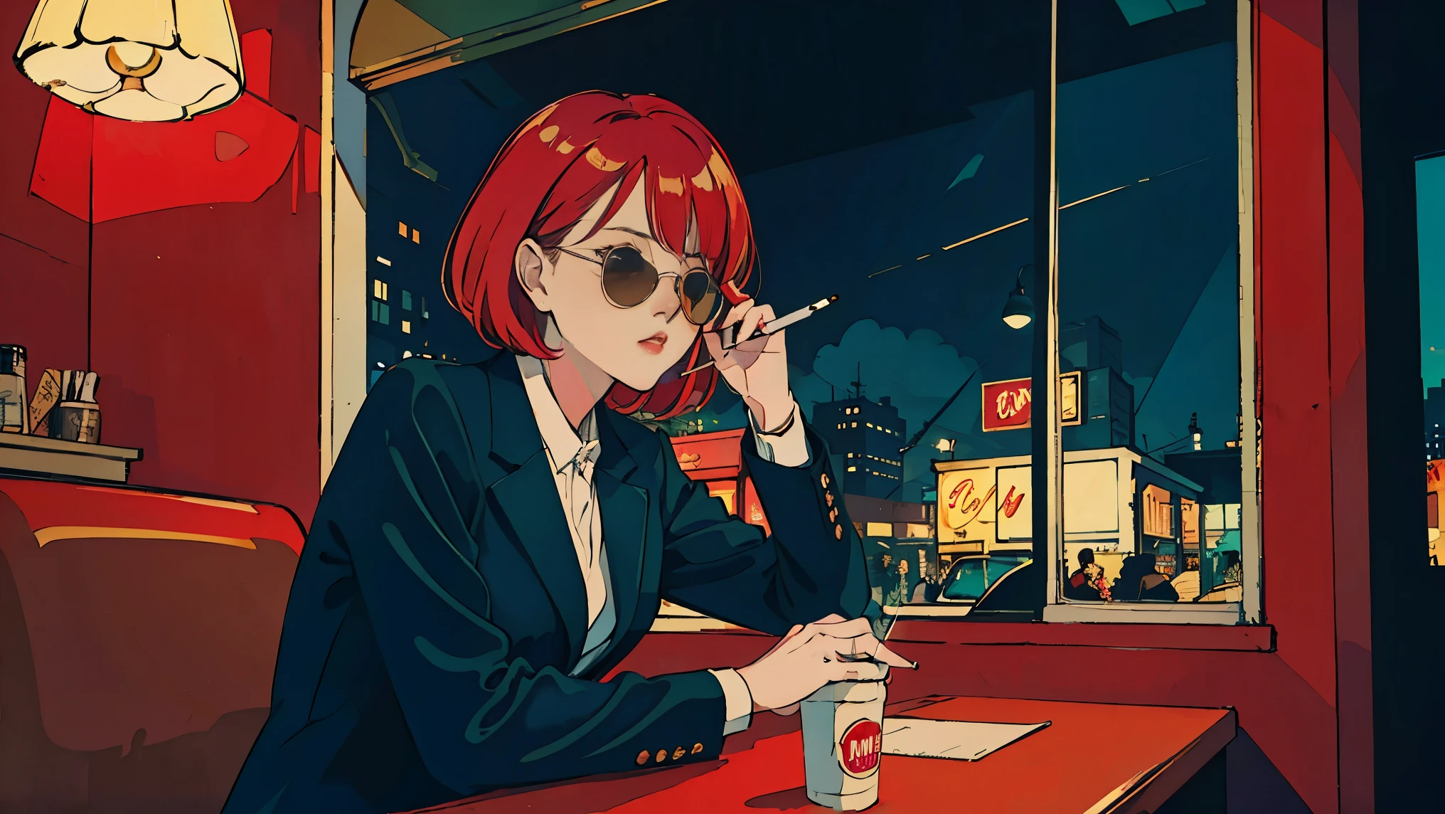 beautiful asian girl with red hair sitting in a diner at night, seen through a window, perfect face, sunglasses, smoking a white tailor made cigarette, NeonNoir, (backlit: 1.1), hard shadow, masterpiece, best quality, Intricate, modelshoot style, vintage, film grain, Incomplete details drive