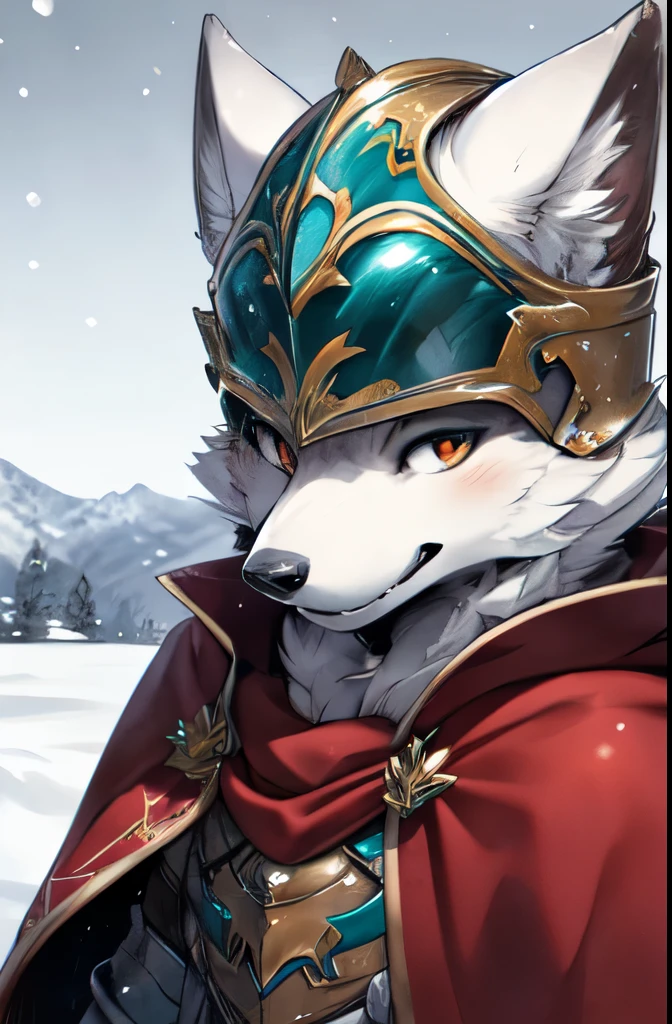 1 person, 8k Werewolf Portrait, Arctic fox, White fur,Paladin,helmet,Red Cape, complex, Very detailed, number, Smooth, Clear focus, illustration, ((masterpiece)),Yoshitaka Amano,Upper Body,In the snow
