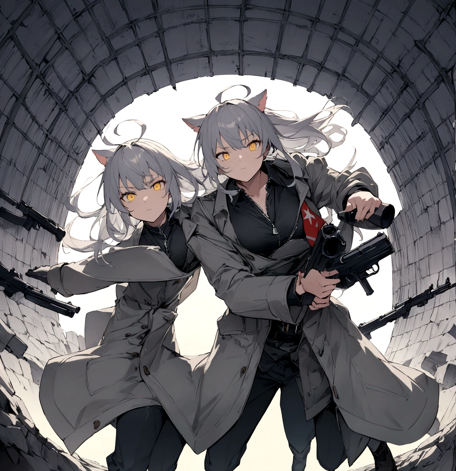 A rally with military flags in the background、Serious face、A large number of subordinates can be seen in the distance、Surrounded by operatives、Give a command、Secret Police Meeting Room、Gray cat ears、Gray cat ears、(masterpiece, best quality:1.2), 1girl, 独奏、Grey long hair、Ahoge、Yellow Eyes、Background of a military base with guns、Fisheye Lens、battlefield、Shadows of light and darkness、Expressionless、battle、Gray trench coat、Put on a loose, large, zip-up collared shirt over your arm
