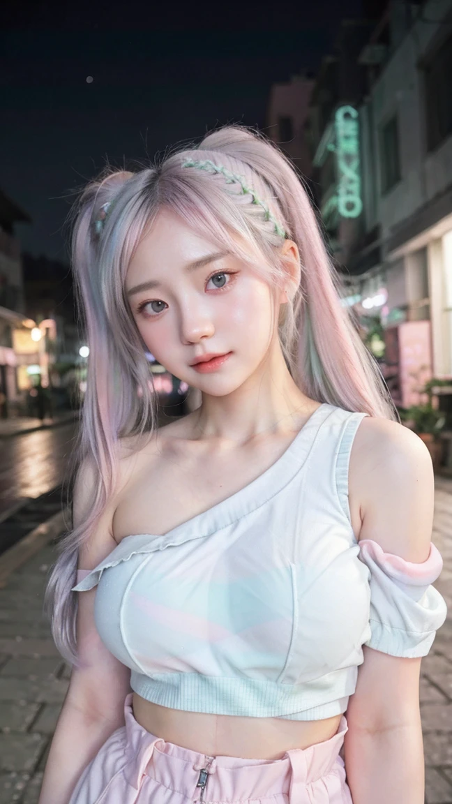 1 Girl, Beautiful, Baby Face, 20 Years Old, White Skin, Colossal Breasts, Sexy Pose, ((Pastel Colour:1.3)) Anime Outfit Coatumes, ((Pastel Colout Outfit)), ((Grey Eye)), Muscles, Bokeh, Chinese Street Background, Masterpiece, ((Night)), Twintail, ((Shoulder Off))