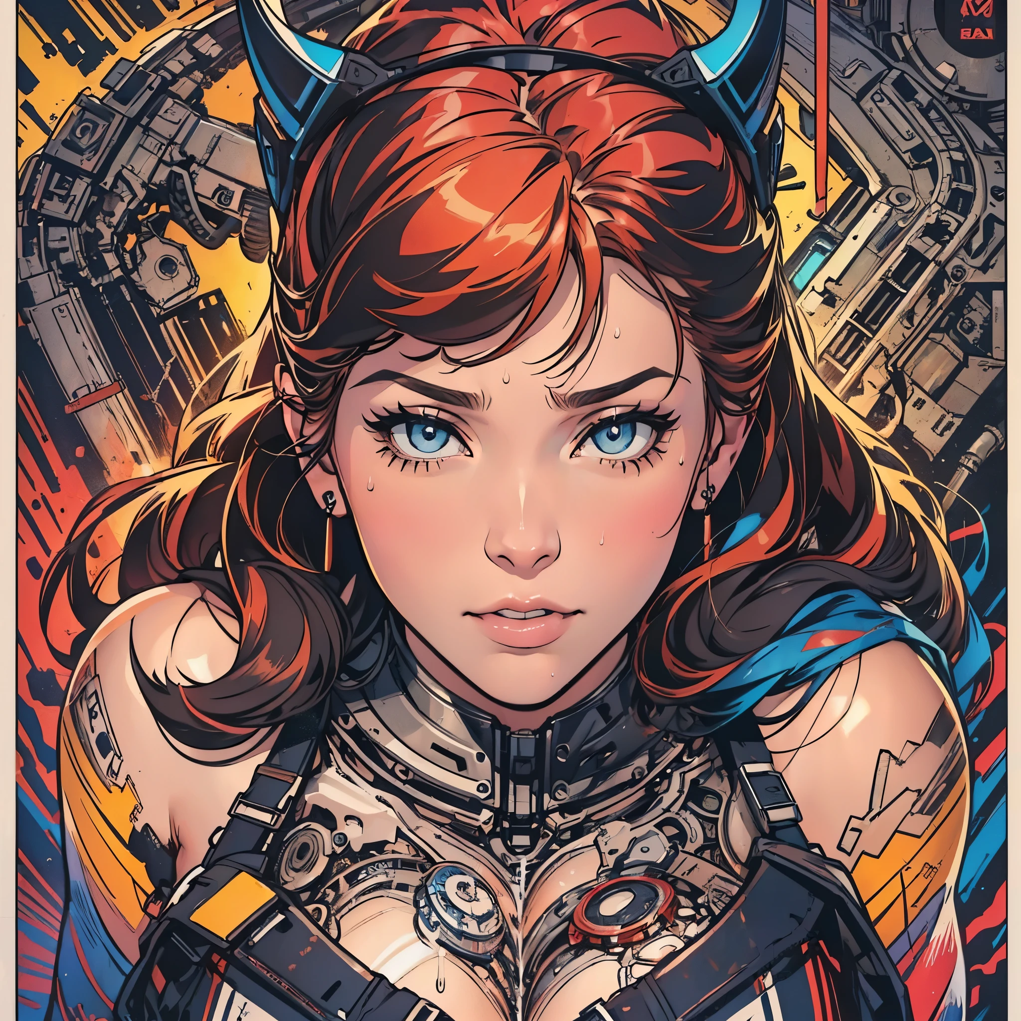 (((ultimate best quality))),((((solo:1.2)))),((((1girl:1.2)))),((((beautiful perfect woman)))),(((detailed perfect body, detailed perfect finger))),((((((ultimate movie poster)))))),(((bust up, close up))),((((detailed complicated machine)))),(((((genius mechanical))))),(((American comics))),(((extreme highlights))),(((Extremely colorful, primary colors))),cleavage,(super beautiful lady),(((typography))),(((various angles))),(((Sweat dripping down her chest)))