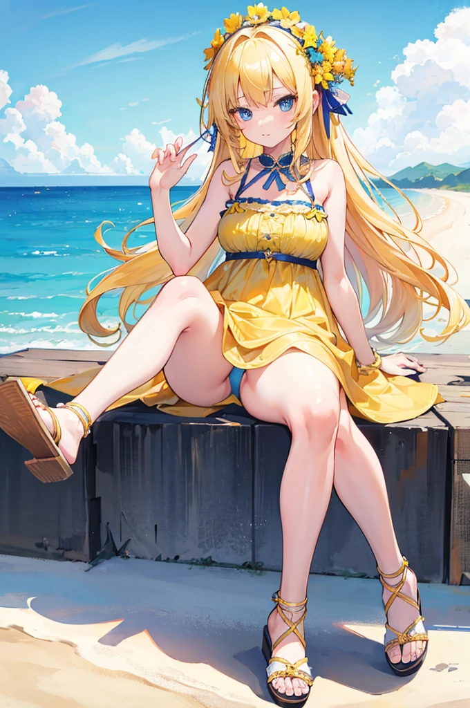 1girl, long blonde curly hair, blue eyes, wearing yellow sundress, sandals, sexy feet, beach, absurdres, high res, ultrasharp, 8K, masterpiece, looking at viewer