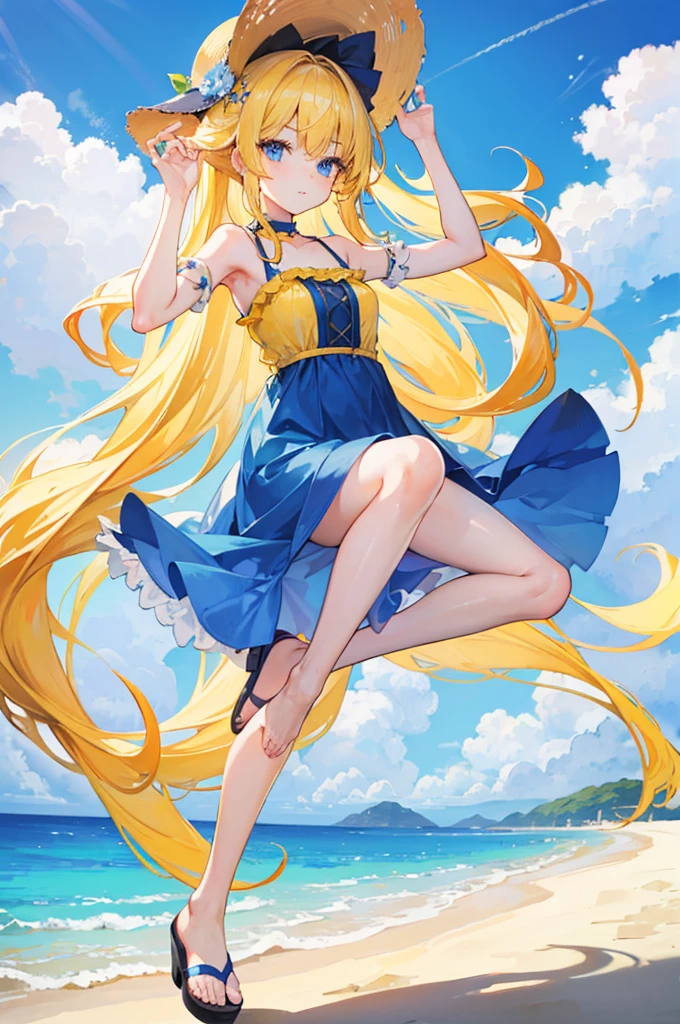 1girl, long blonde curly hair, blue eyes, wearing yellow sundress, sandals, sexy feet, beach, absurdres, high res, ultrasharp, 8K, masterpiece, looking at viewer