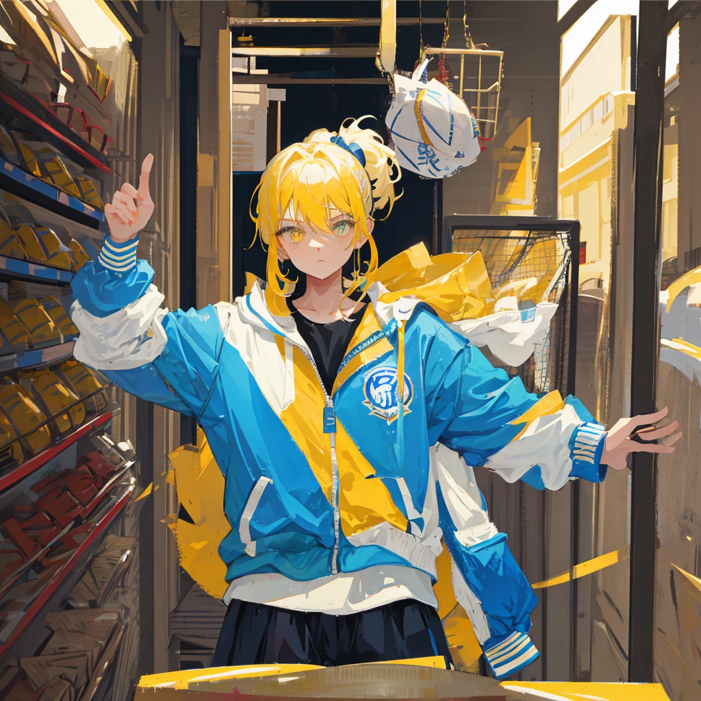 A solo boy, with ponytail, His hair is yellow, his eyes are blue, he wears a baseball jacket and,school, vintage boy!!!!!