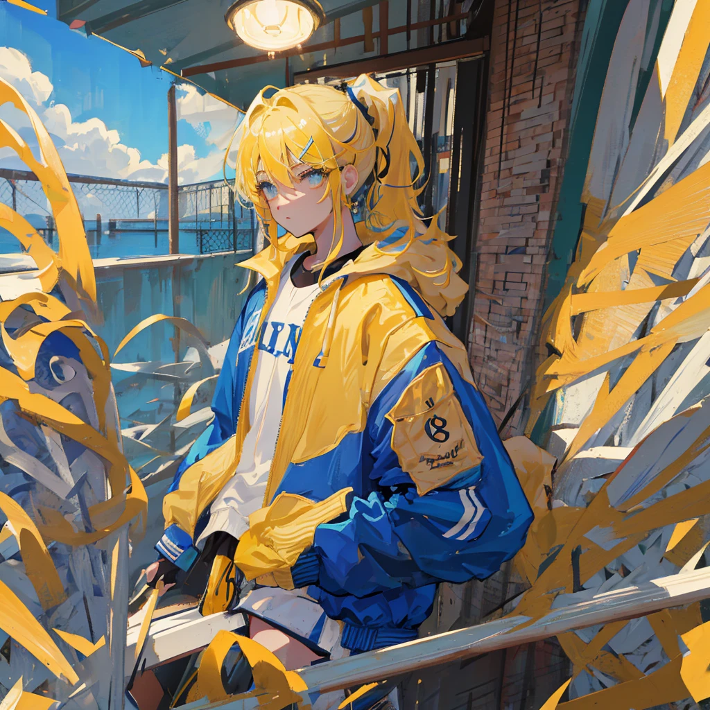 A solo boy, with ponytail, His hair is yellow, his eyes are blue, he wears a baseball jacket and,school, vintage boy!!!!!