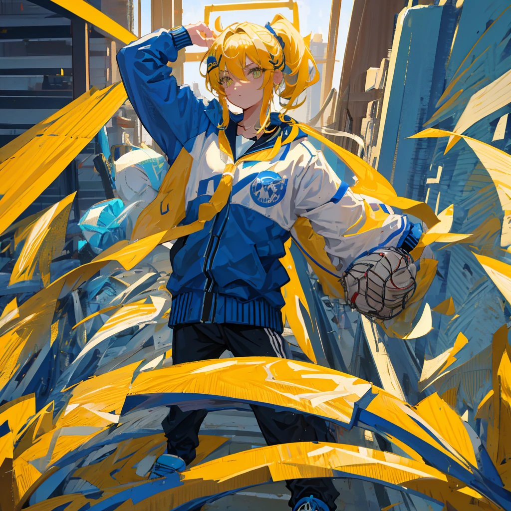 A solo boy, with ponytail, His hair is yellow, his eyes are blue, he wears a baseball jacket and,school, vintage boy!!!!!