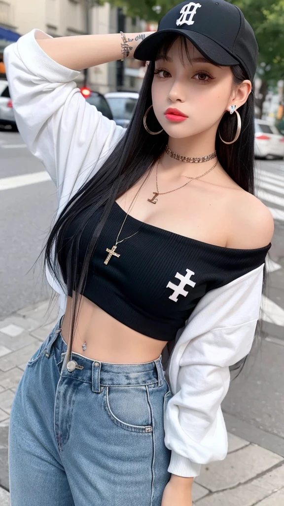 “A young woman with long black hair and gray eyes, wearing earrings. She has on an off-shoulder shirt and is styled like a rapper. She has tattoos on her arms and neck and wears a baseball cap backwards. She also has a cross necklace and is sticking out her tongue.”