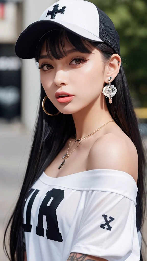 “A young woman with long black hair and gray eyes, wearing earrings. She has on an off-shoulder shirt and is styled like a rapper. She has tattoos on her arms and neck and wears a baseball cap backwards. She also has a cross necklace and is sticking out her tongue.”