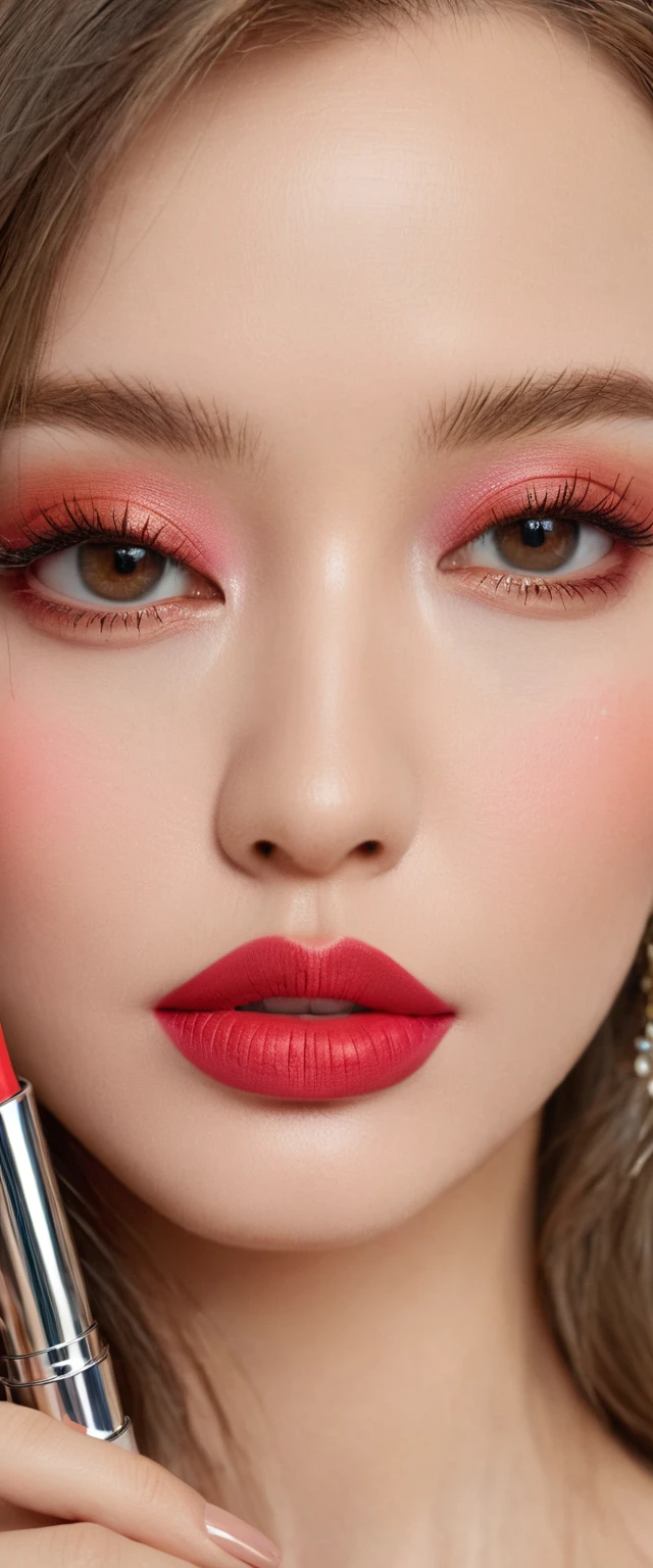 Beautiful woman paints lips with lipstick. beautiful woman's face, fine-details, high qualiy, high qualiy. Clear, true colors  