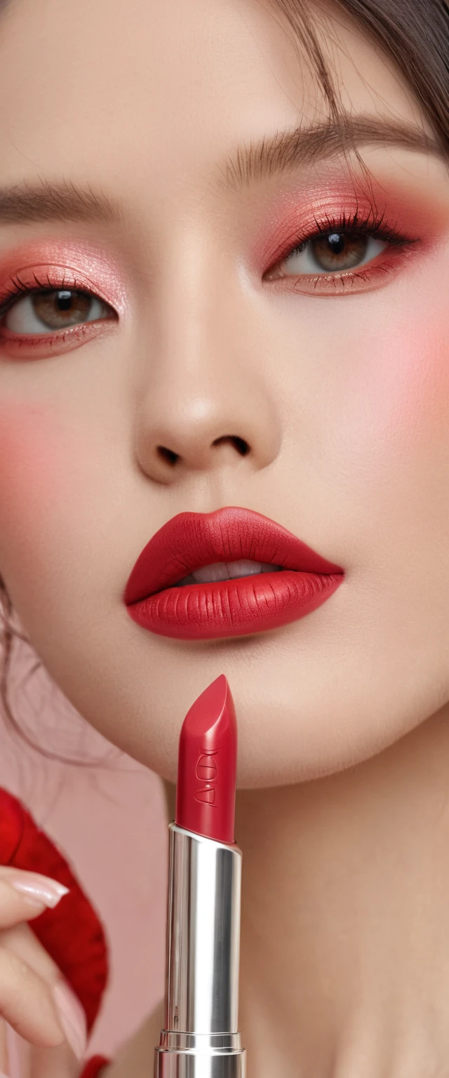 Beautiful woman paints lips with lipstick. beautiful woman's face, fine-details, high qualiy, high qualiy. Clear, true colors  