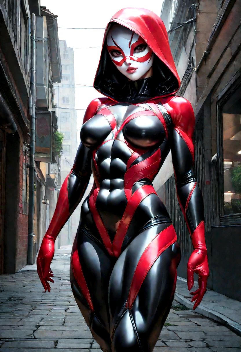 realist, realism, photorealism, photo-realist, High contrast, (photorealist:1.4), (perfect female figure, whole body, muscled body, six pack, strong body), 8k high definition detailed realist, (Best Quality, Masterpiece:1.2), Photon mapping, Radiosity, physically based rendering, Best Quality, muy detailed, 1 girl, squeeze, outdoor, hoodie, ((on the streets of a modern city, modern buildings in the background, Clear sky in the background)) (high quality, detailed, absurdities, high resolution, Masterpiece, beautiful), detailed soft lighting, classification_safe, fountain_Cartoon, Ed Benes Style, spider gwen, (wearing spider gwen mask and hood:1.5), voluptuous body, . Combined with the Nazzi flag, swastika on chest black suit, White and red