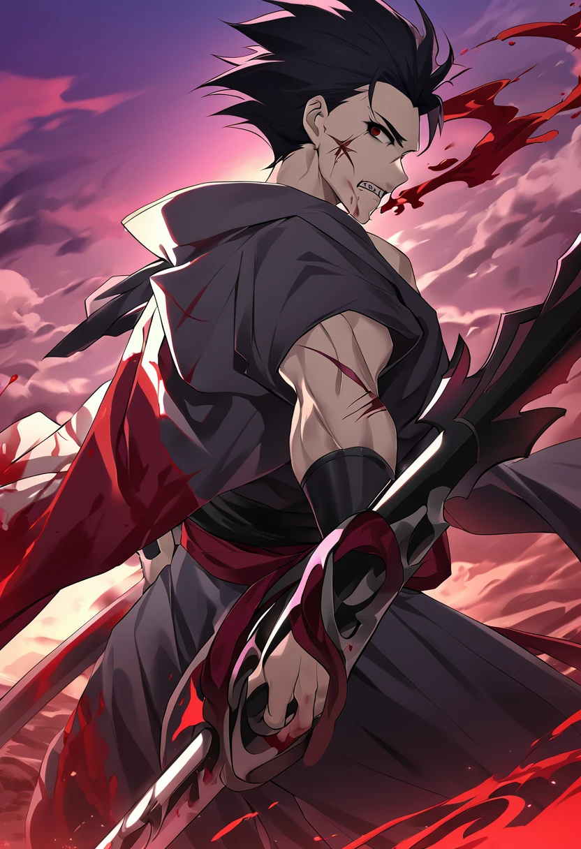 1boy, male focus, ponyzeldris, black hair, short hair, spiked hair, black eyes, red eyes, empty eyes,muscle, wearing white torn kimono, holding an totally black sword in a red land, purple mountains, red sky, wind, clothes in the wind, hair in the wind, serious expression, powerful posing,scars at body, blood,blood on body,blood on face,blood on arms,on your knees, injured, spitting blood, blood on mouth