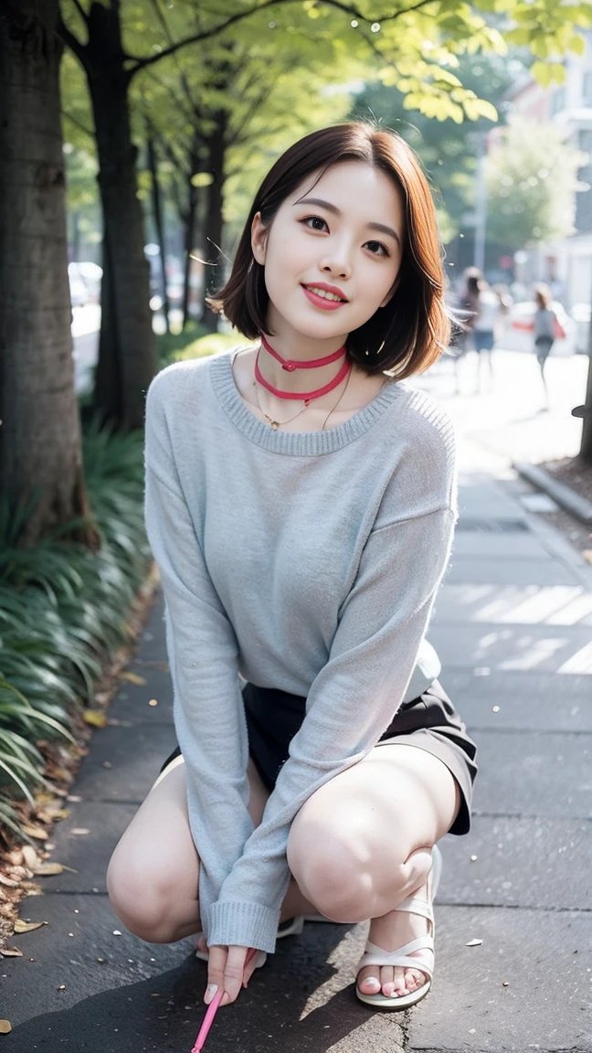 (Skin blemishes:1.2), (Skin Indentation), Dark circles, 1Missl, 25 years old, (((Miss))), Solitary, Practical, best quality, Reality, proficient, 8K, high resolution, Solitary, Extremely detailed face, (Professional lighting,Bokeh),(Light Particles,lens flare,Glowing particles:0.6),(Dynamic poses:1.2),Soft Lighting,Top angle view,fashionable atmosphere, (A girl in the forest),((During the day)), sky sky, ((Looking at the audience:1)), (Looking at the camera), Gorgeous, stand up, Maintain original facial proportions, Shave your shoulders, Full Body Love, (Medium chest), (Short and delicate hair), Brown hair, Flutter, Open lips, Lipstick, 迷人的Smile, Smile, Open your mouth, teeth, (Blue grey tight sweater), (White)(Business Mini Skirt), eyelash, birthmark, (Mole under the eye: 1),Proportionate legs, Thin and white,A pair of lotus feet,White and tender,No shoes,Delicate and beautiful feet,Full body image