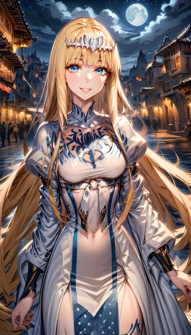 Ultra detailed, Highres, absurdres, HDR, Solo female, 25 years old, night time, ancient city, smiling,, 1girl, solo, Calca, Calca Bessarez, blonde hair, (extremely long hair:1.3), very long hair, white tiara, white dress, blue eyes, medium chest, extremely long hair, medium breast, yellow hair color, bangs, blunt bang