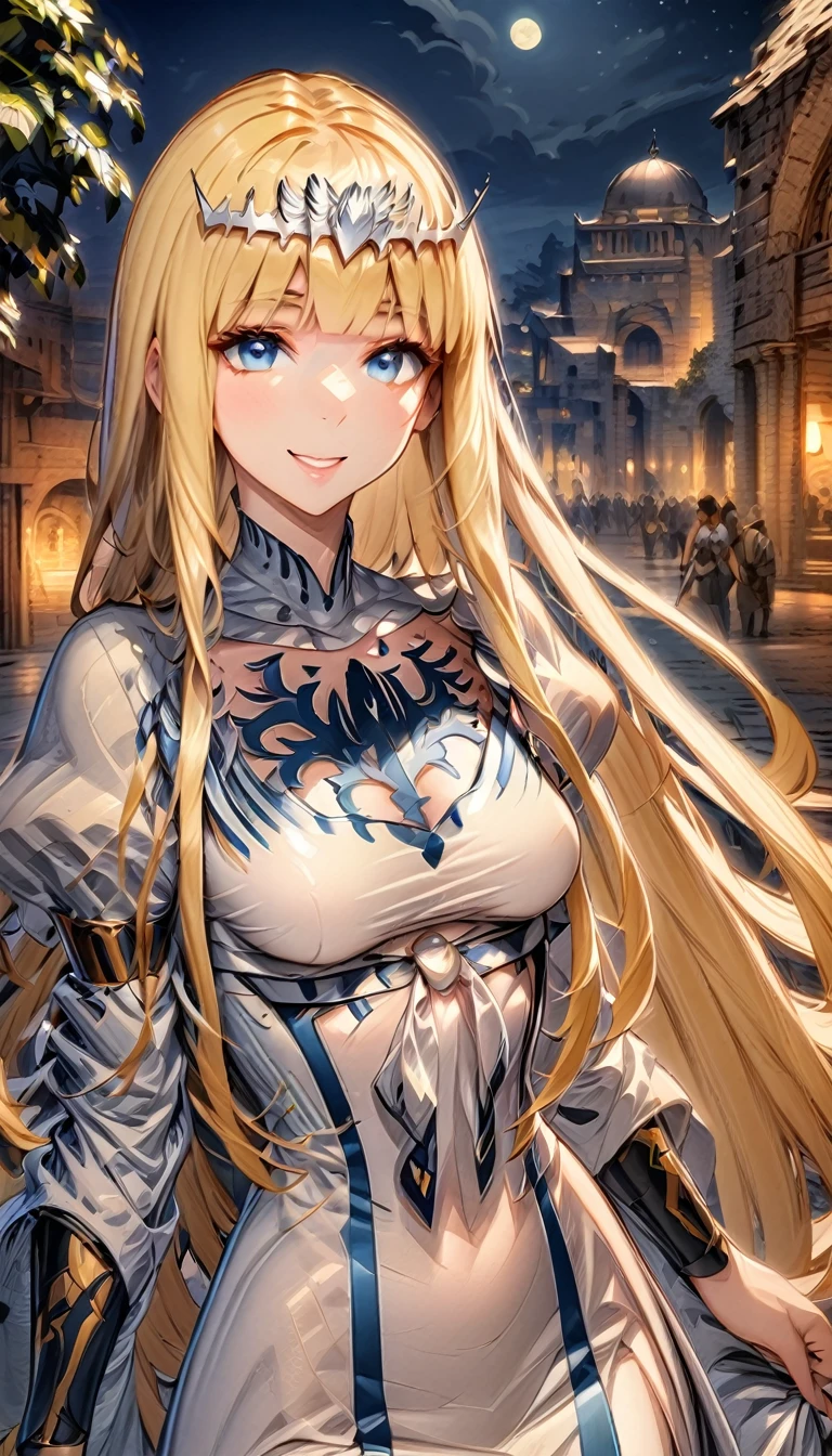 Ultra detailed, Highres, absurdres, HDR, Solo female, 25 years old, night time, ancient city, smiling,, 1girl, solo, Calca, Calca Bessarez, blonde hair, (extremely long hair:1.3), very long hair, white tiara, white dress, blue eyes, medium chest, extremely long hair, medium breast, yellow hair color, bangs, blunt bang