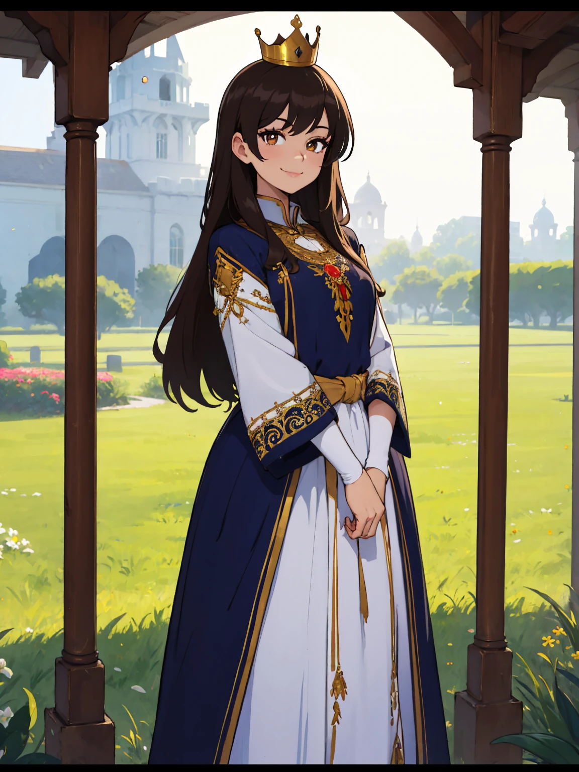 masterpiece, best quality, lineart, anime screencap, sketch, (1girl), brown hair, long hair, brown eyes, bright pupils, sparkling eyes, solo, royal clothes, royal robes, embroidered robes, ornate clothes, intricate robes, crown, standing, smile, standing, looking at viewer, light particles, scenery, outdoors, green fields, grass fields, day light, sunlight,
 
BREAK, 

knight, knights, armored knights, multiple male, bokeh, blurry background, 200mm lens, 