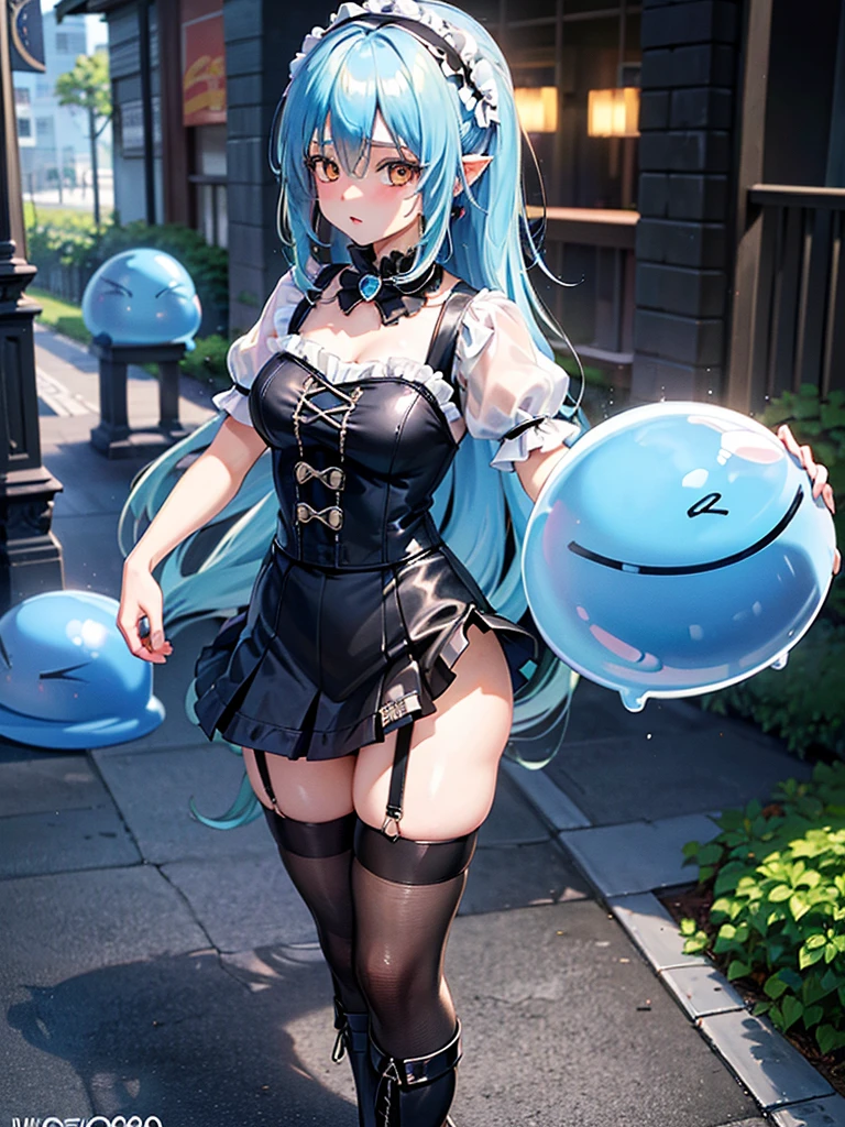 (masterpiece, top quality, best quality, official art, beautiful and aesthetic:1.2), (1girl:1.3), extremely detailed, highest detailed, (dynamic pose), outdoors, outside, full body view, looking at camera, ((that time i got reincarnated as a slime)), ((Rimuru Tempest)), long silver-blue hair, cute and beautiful, medium chest, (wearing a Retro Vintage Women Gothic Girls Punk Mini Dress High Waist Suspender Skirt), ((J30088))