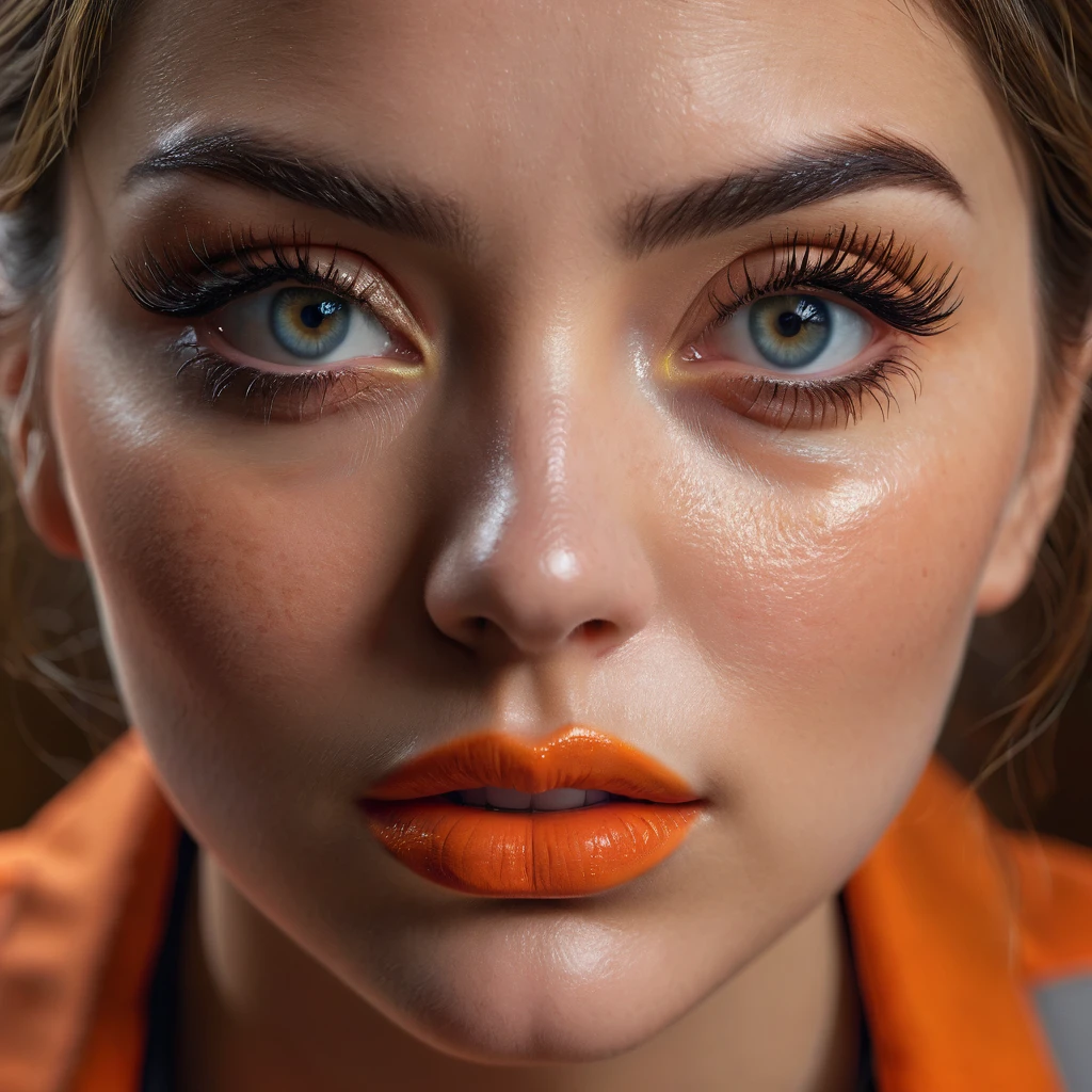 high quality photo,4k, 8k, extremely detailed, photorealistic, (beautiful detailed eyes, beautiful detailed lips, extremely detailed eyes and face, long eyelashes:1.2), (1 crazy woman:1.2), orange prisoner suit, crying maniacally, courtroom setting, dramatic lighting, realistic textures, vivid colors, cinematic composition, professional photography, emotional intensity
